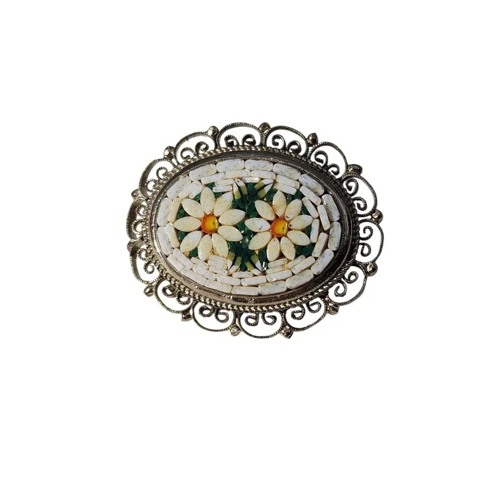 Vintage white oval  silver‎ tone filagree daisy flower micro mosaic brooch pin